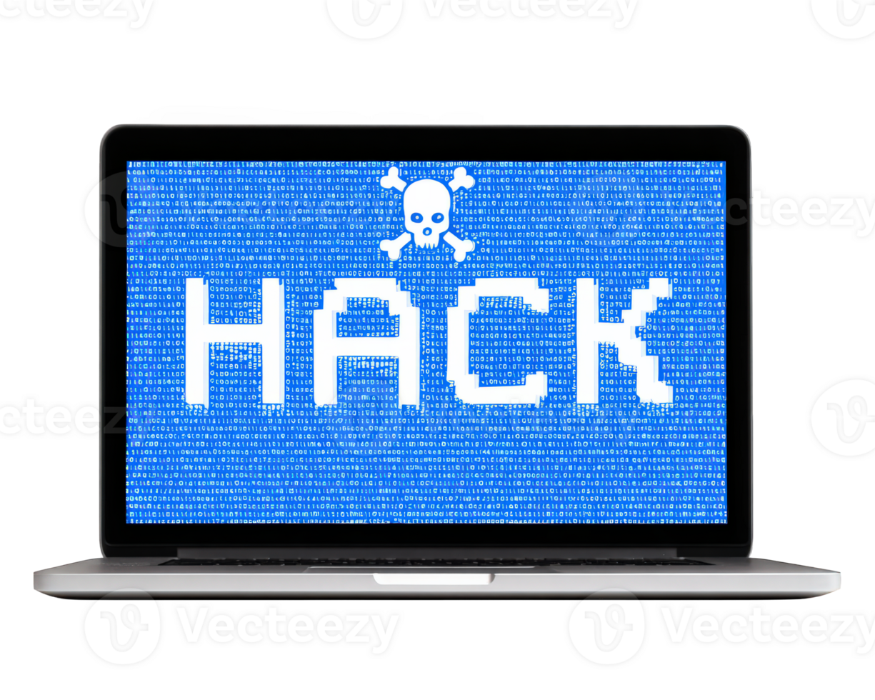 bärbar dator visning blå digital hacka text med skalle symbol, binär koda bakgrund, symboliserar cyber ge sig på, dataintrång, data brott, och uppkopplad säkerhet hot png