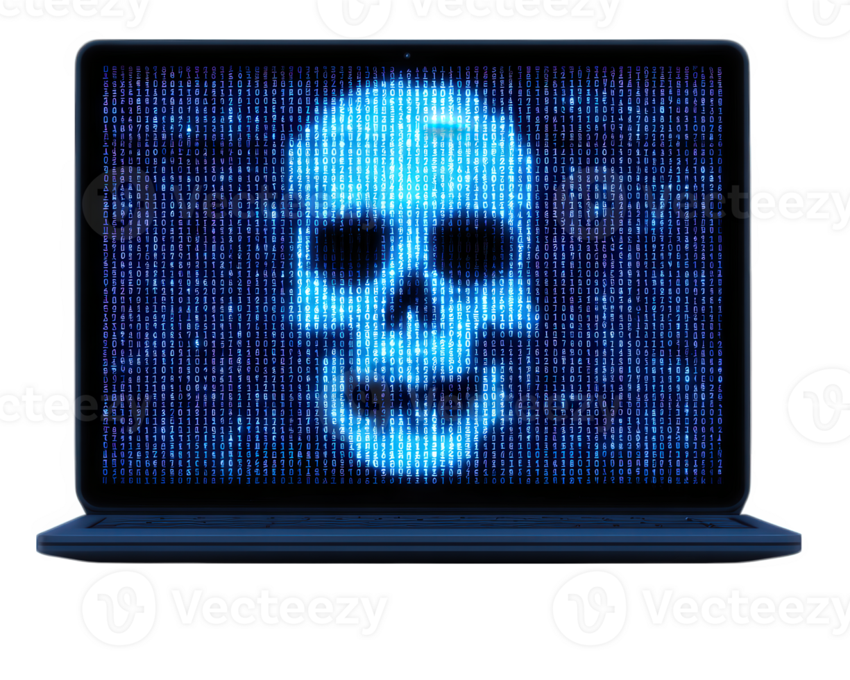 azul digital crânio símbolo em computador portátil tela, representando cyber ameaça, hackear, malware, e dados violação, com transparência fundo e baixo resolução, criando sentido do Perigo png