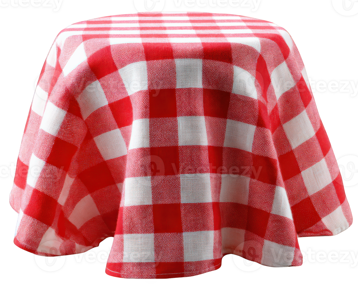 Red white gingham cloth draped over round table, isolated on transparency background, classic picnic style, cheerful and inviting, fabric texture visible, home decor concept png