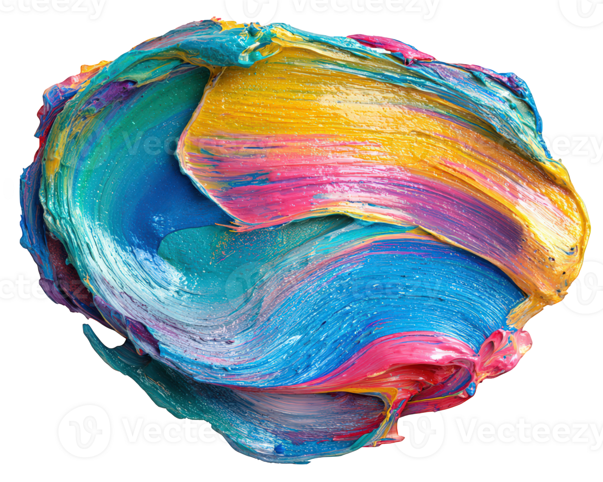Colorful paint stroke with vibrant blue, yellow, pink, and teal hues creating dynamic and textured abstract art piece full of energy and movement png