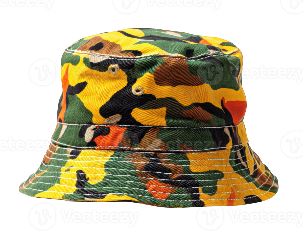 Colorful camouflage bucket hat with yellow, green, orange, and brown pattern isolated on transparency background, showcasing casual and trendy outdoor style accessory png