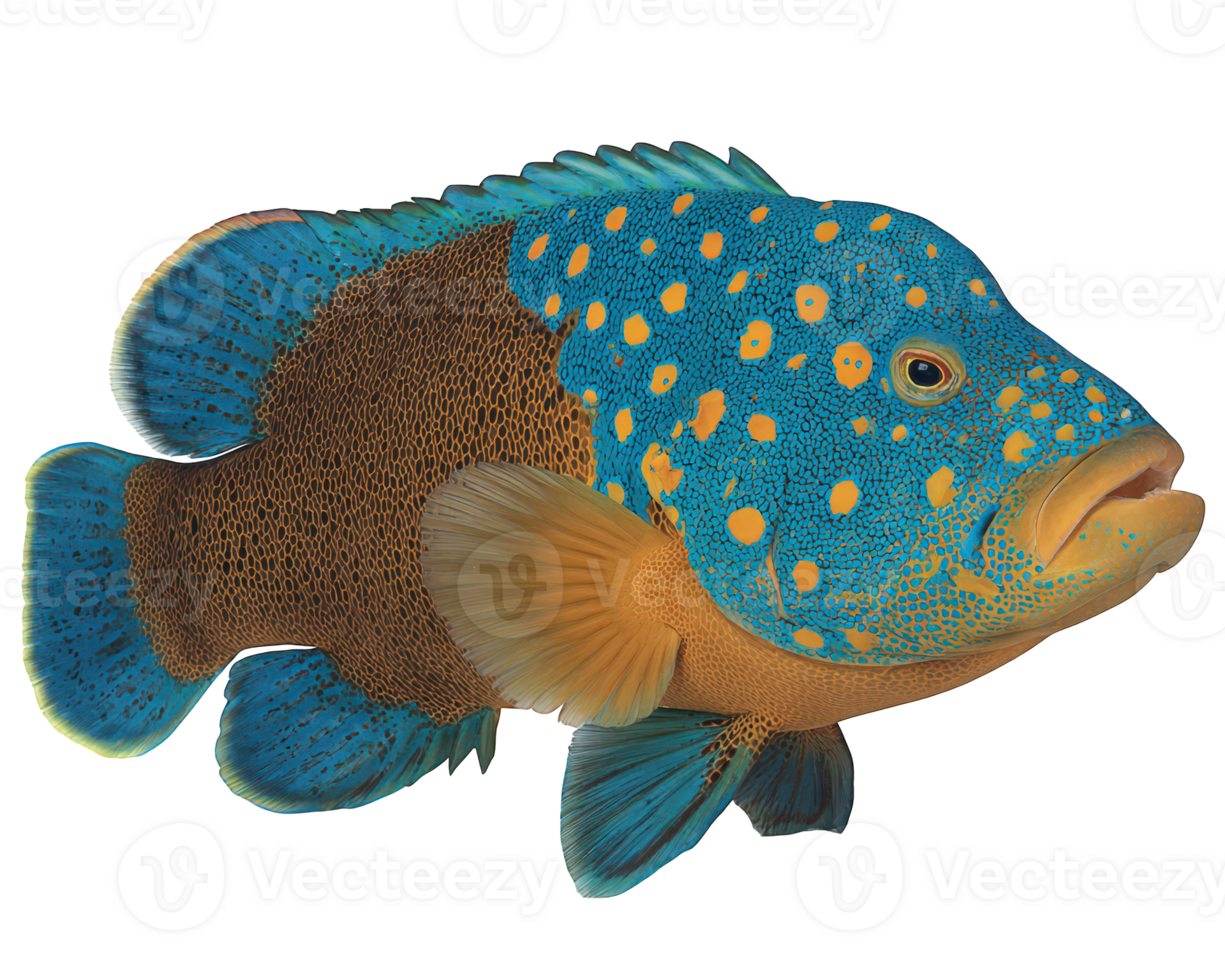 Colorful exotic fish with blue and orange spotted pattern, isolated on transparency background, showing detailed scales and fins in vibrant colors png