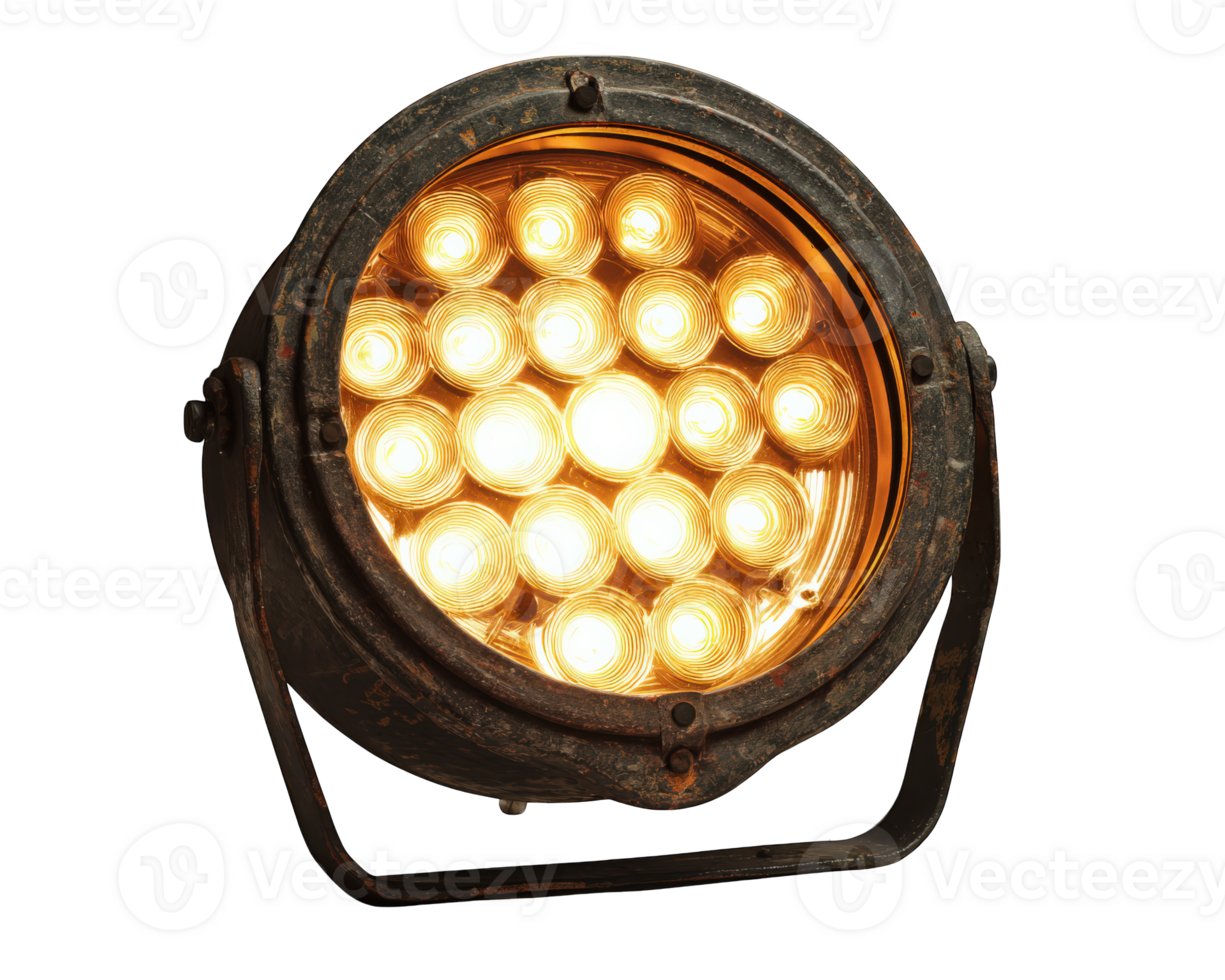 Vintage stage spotlight with multiple bright bulbs glowing warmly, isolated on transparency background, showing rustic metal frame and circular design emitting intense light png