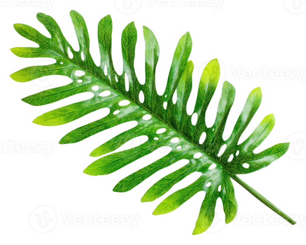 Green tropical leaf with deep lobes and holes isolated on transparent background, showing vibrant natural texture and fresh botanical detail in bright lighting png