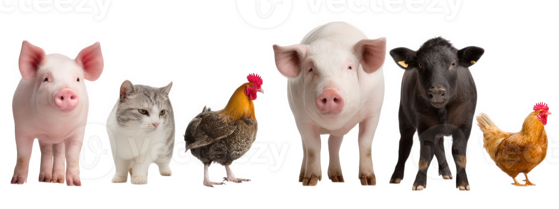 Two piglet, cat, rooster, calf, hen isolated on transparency background with soft light and shadow png