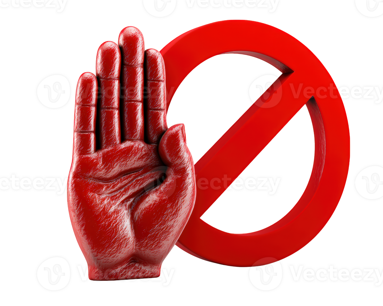 Red hand stop gesture with prohibition sign symbol, warning and alert concept for no entry or forbidden action, isolated on transparency background with shiny texture png