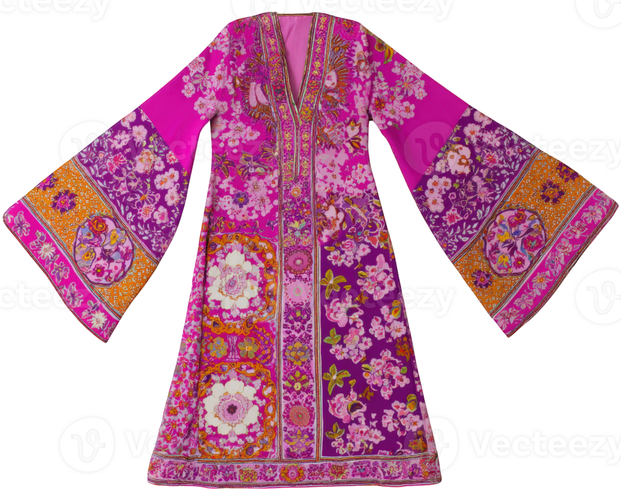 Vibrant bohemian maxi dress featuring mix of floral prints and flowing sleeves, perfect for stylish summer look. rich colors and intricate patterns create stunning visual appeal png