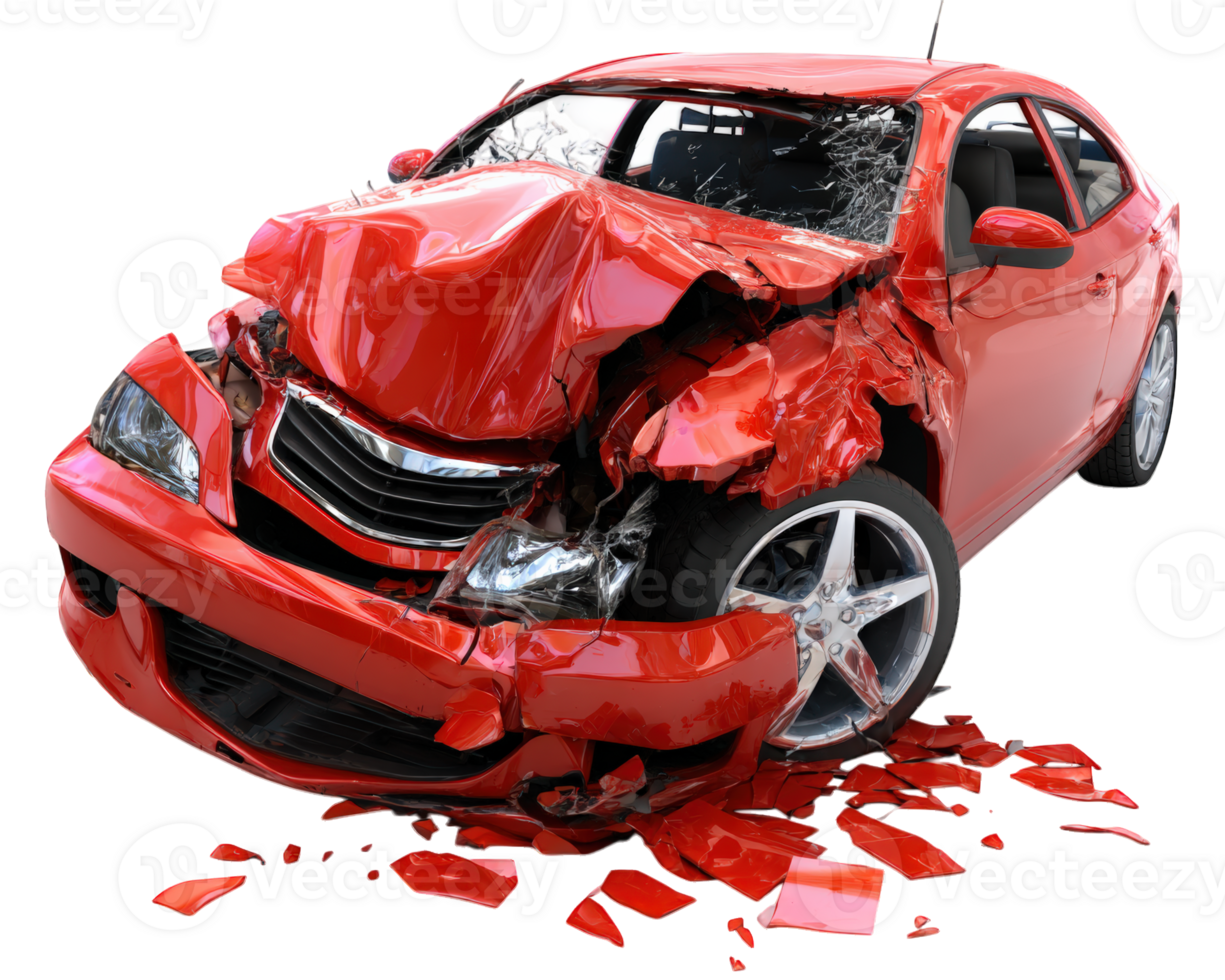 Damaged red car with crumpled front end and shattered glass