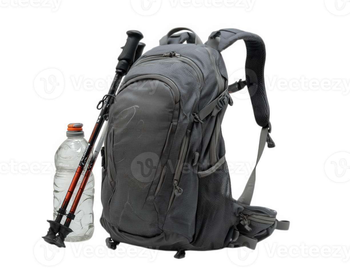 Durable backpack with trekking poles and water bottle, perfect for outdoor adventures. This setup is ideal for hiking, camping, and exploring nature, ensuring hydration and support on go png