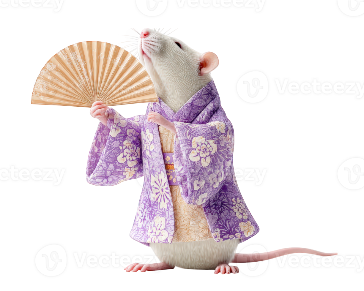 Rat wearing tiny kimono gracefully holds fan, showcasing blend of elegance and charm. intricate floral patterns on kimono add touch of beauty to this delightful scene png