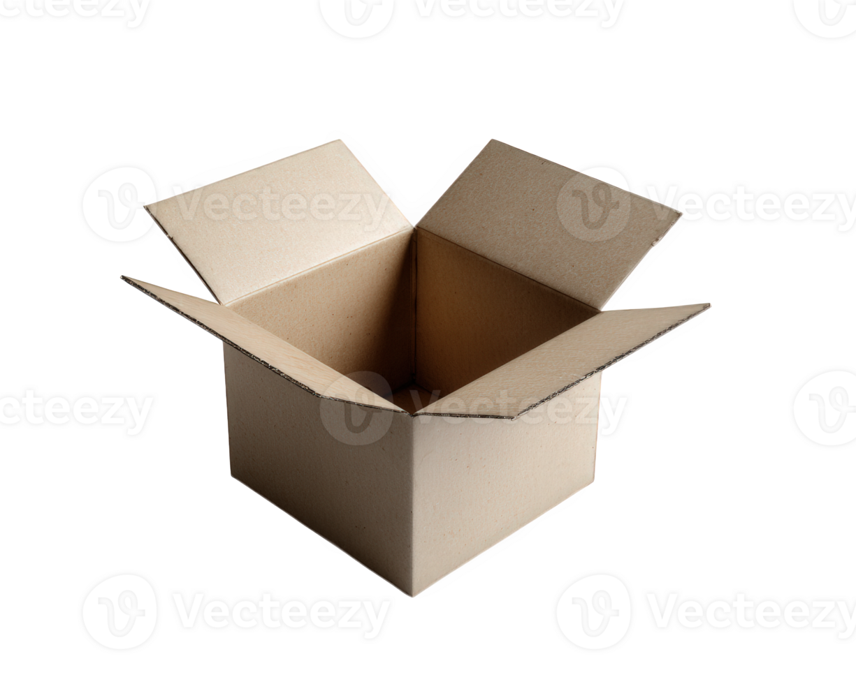 Empty cardboard box with flaps open, showcasing its interior. This versatile packaging is ideal for shipping and storage, offering simple yet effective solution for various needs png