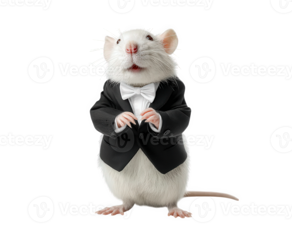 Charming rat dressed in tiny tuxedo stands upright, exuding playful and sophisticated vibe. This delightful creature captures attention with its formal attire, making it whimsical sight png