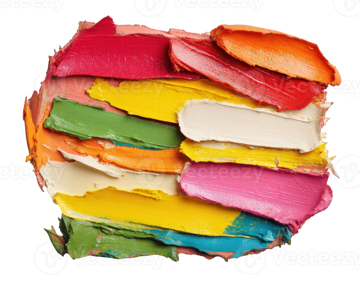 Colorful, vibrant paint strokes layered together create striking visual effect. bright hues of red, yellow, green, and pink blend harmoniously, showcasing artistic creativity and expression png