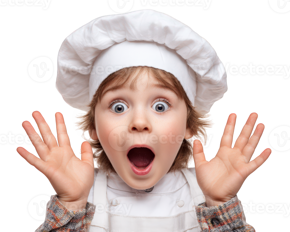 Child dressed as chef is making funny face with wide eyes and open mouth, expressing surprise and excitement. child is wearing chef hat and apron, showcasing playful and imaginative moment kitchen png