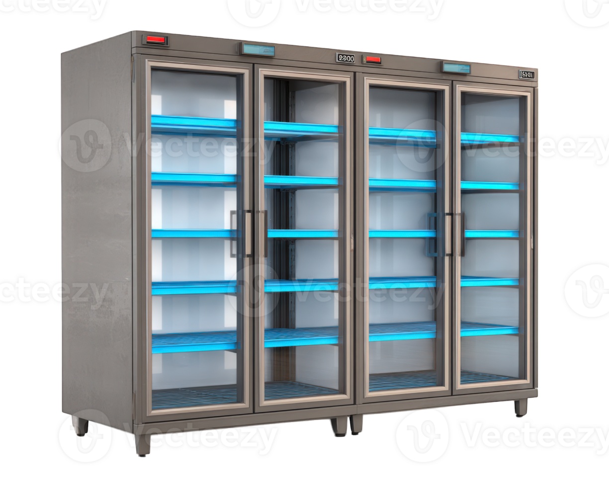 Industrial refrigerator with glass doors, designed for commercial use, featuring multiple compartments and illuminated shelves. Ideal for displaying beverages or food items in retail settings png