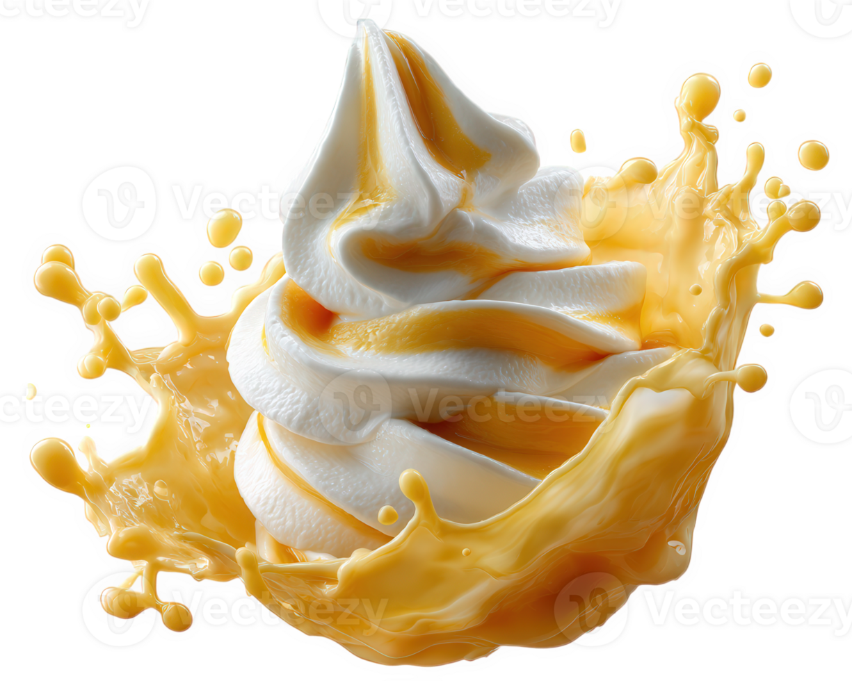 Swirl of soft serve ice cream creates playful splash effect, showcasing delightful mix of creamy white and golden caramel. This captures joy of indulgence png