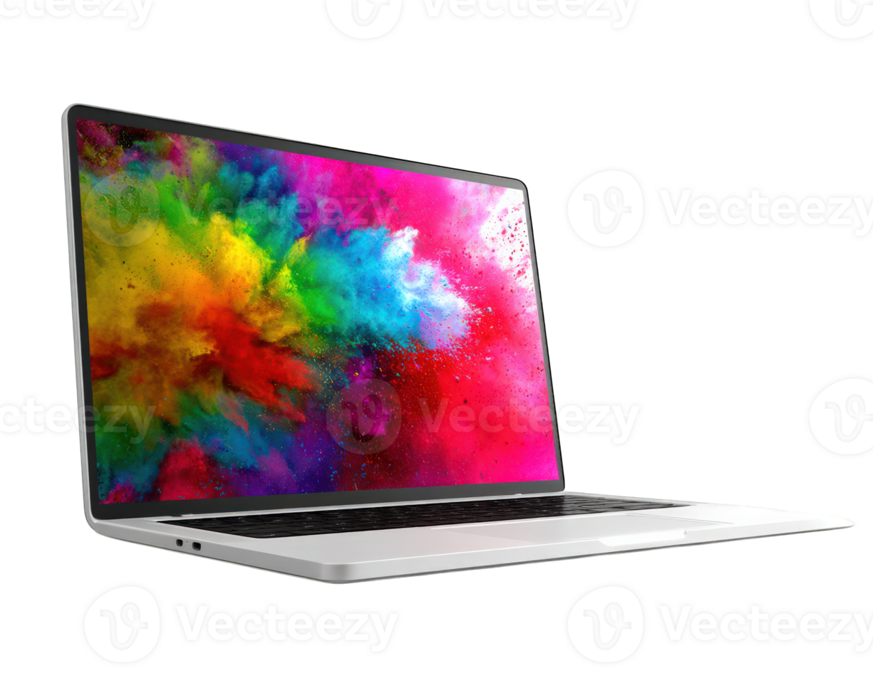 Stylish laptop with open screen showcasing colorful display of vibrant hues and abstract patterns, evoking creativity and inspiration png