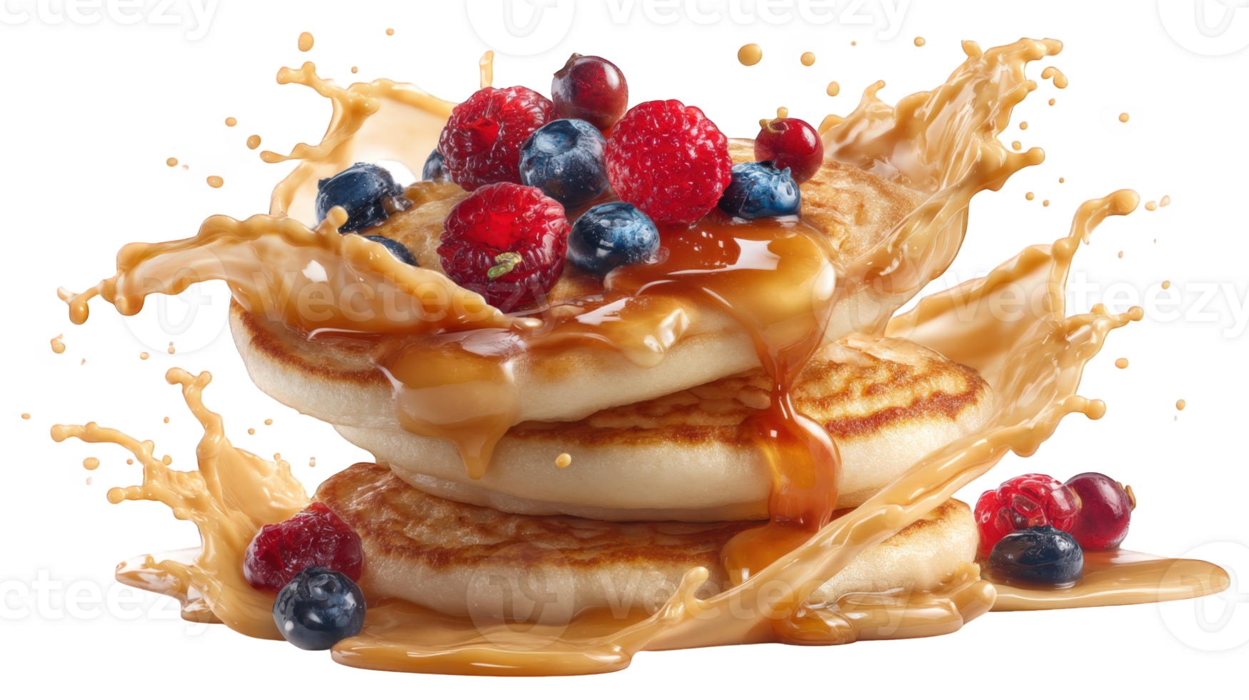 Fluffy pancakes stacked high, topped with fresh berries and drizzled with syrup, create delightful breakfast scene. syrup splashes around, adding fun and dynamic touch to this delicious treat png