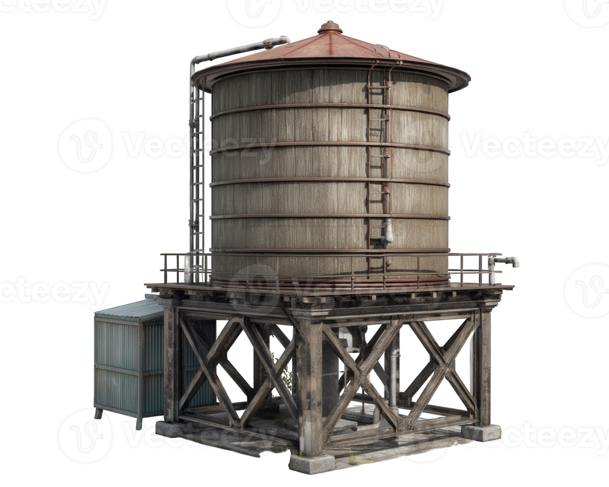 Large, weathered water tank with cylindrical shape, featuring rusted metal roof and wooden support structure. tank is connected to pipes and sits on sturdy base, showcasing industrial design png