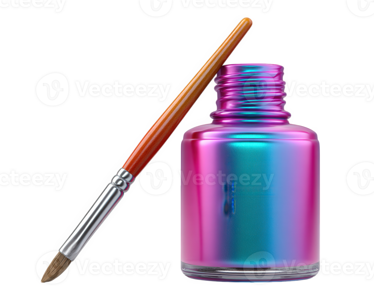 Vibrant nail polish bottle with brush reflecting light, showcasing stunning gradient of colors. sleek design and glossy finish make it eye catching addition to any beauty collection png