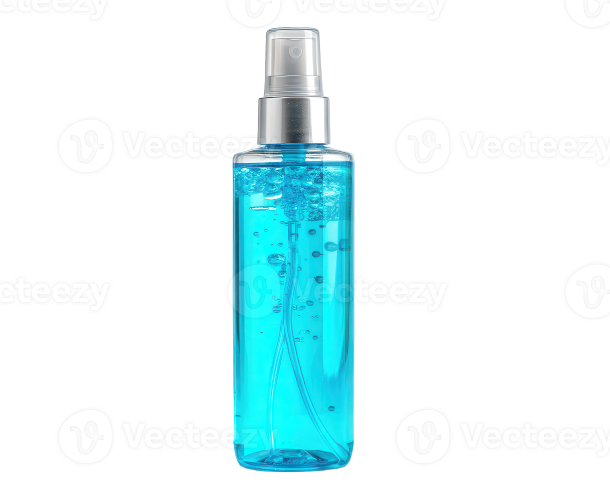 Refreshing facial mist spray bottle with vibrant blue liquid and bubbles, designed for hydration and revitalization. Perfect for skincare routines and on go freshness png