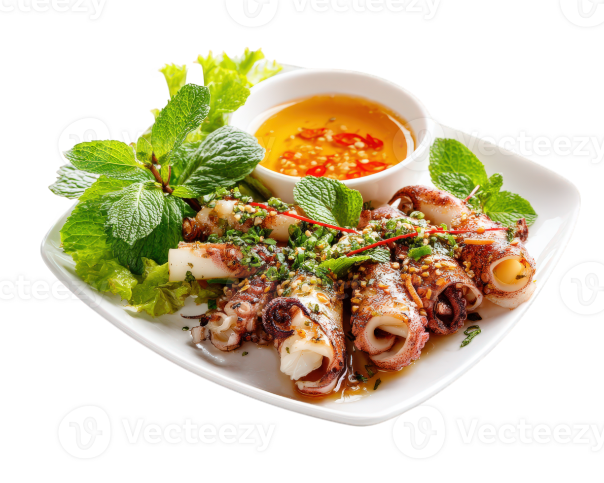 Plate of Vietnamese grilled squid garnished with fresh mint and served with flavorful dipping sauce. dish is vibrant and appetizing, showcasing delightful combination of textures and flavors png
