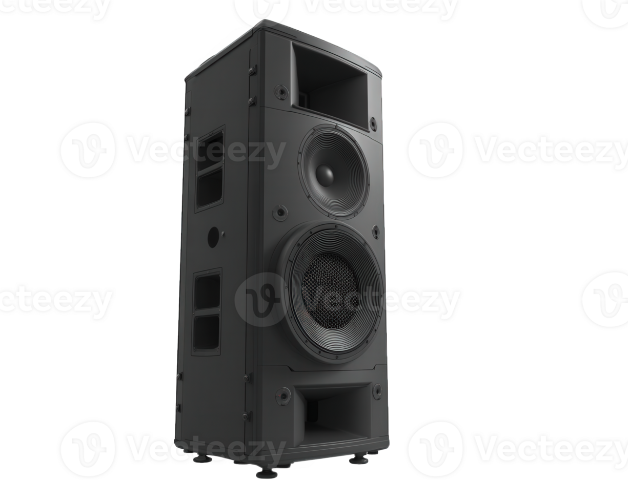 Large floor standing sound speaker designed for high quality audio performance, featuring sleek black exterior and multiple drivers for enhanced sound clarity and depth. Ideal for music png
