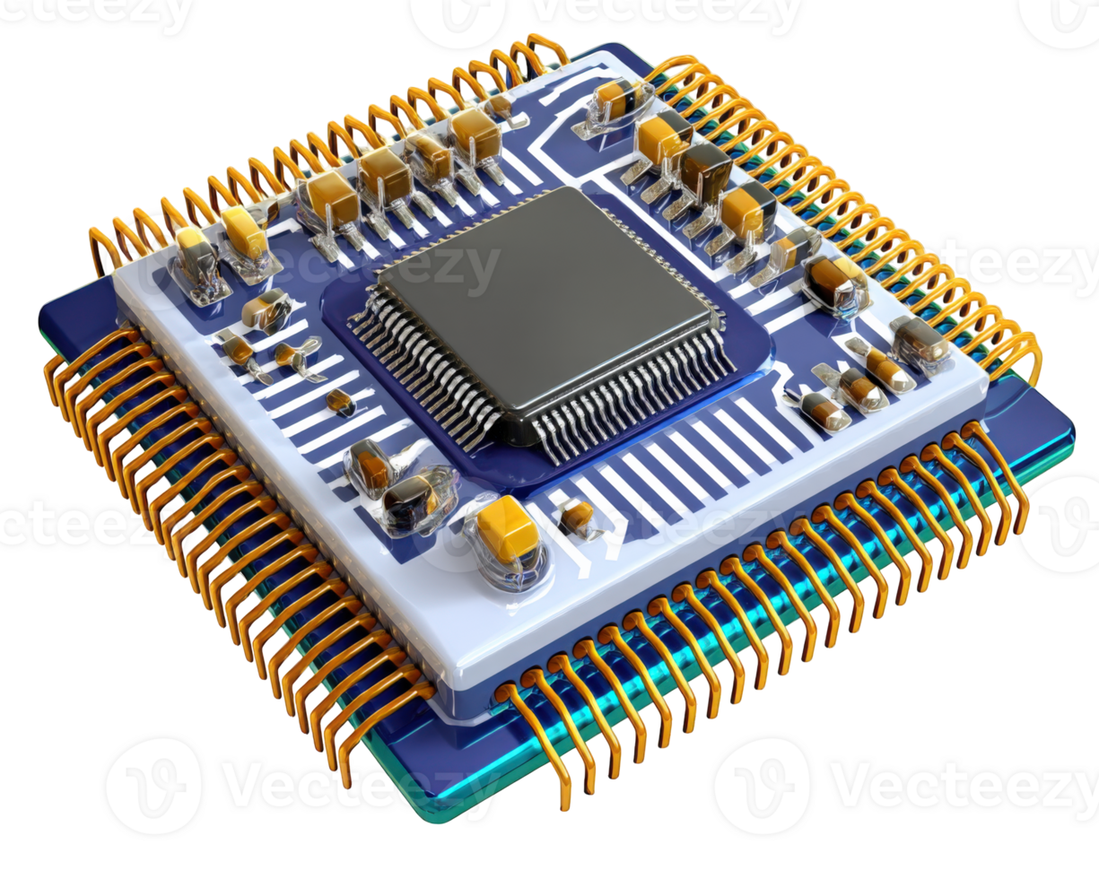 High tech microprocessor chip with intricate circuitry and gold pins, showcasing advanced technology and design. This component is essential for modern electronic devices and computing systems png