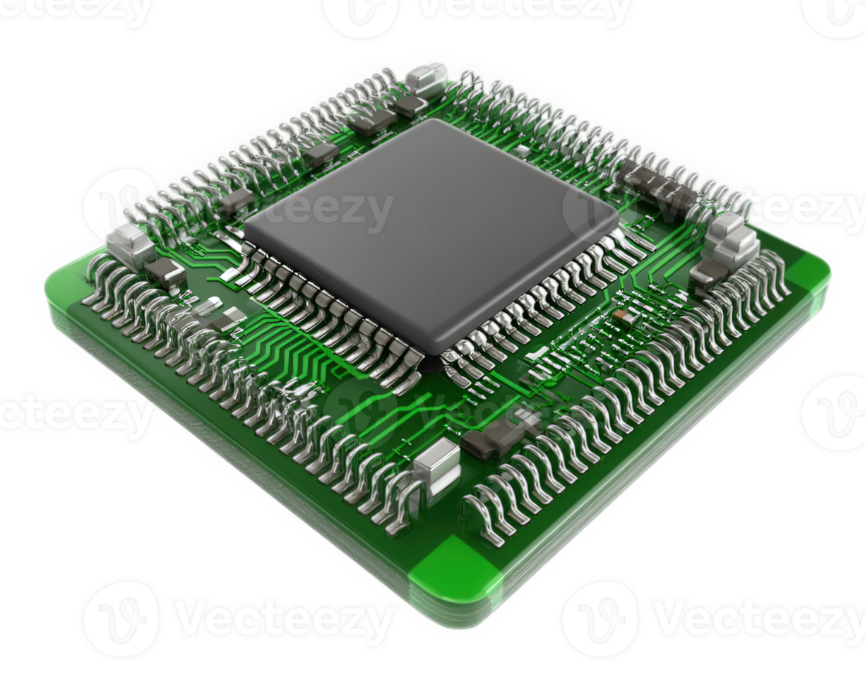 High tech microchip with intricate circuitry and green substrate, showcasing advanced technology and precision engineering. This captures essence of modern electronics and innovation png