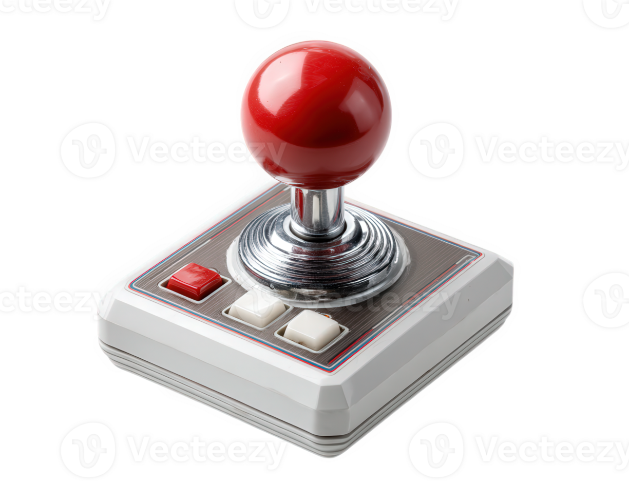 Classic arcade joystick with vibrant red ball top, featuring two buttons white and red, perfect for retro gaming enthusiasts. This nostalgic design evokes memories of vintage gaming experiences png