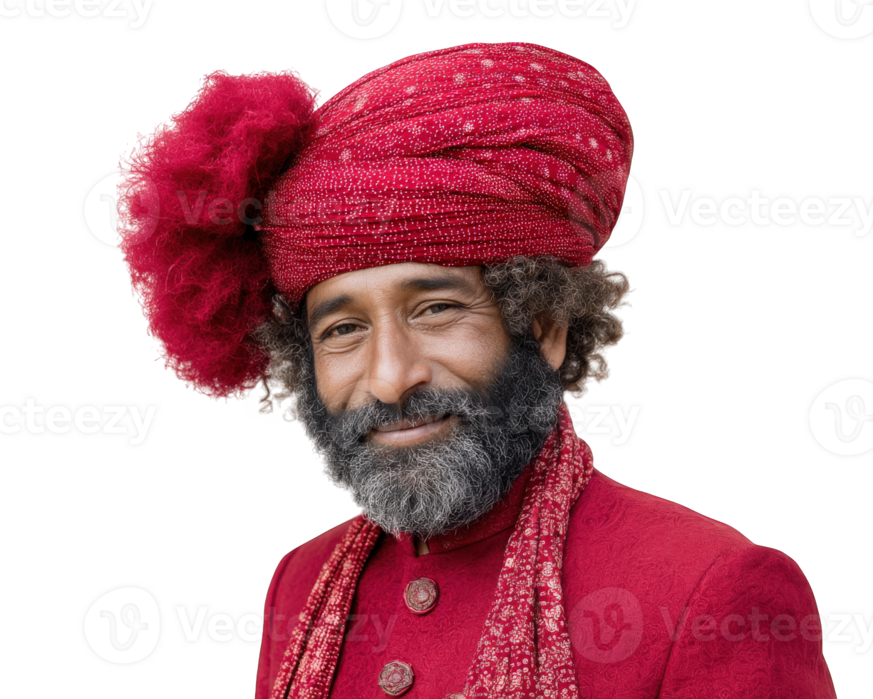 smiling man wearing vibrant red turban and traditional attire, showcasing intricate patterns and textures. His curly hair and beard complement rich colors of his outfit, creating striking portrait png