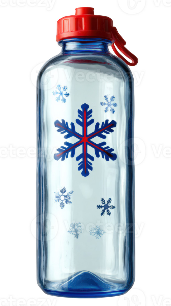 Clear water bottle with red cap, blue snowflake pattern, festive winter design, reusable plastic, holiday theme, isolated on transparency background png