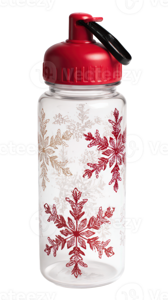 Clear plastic water bottle with red cap, festive snowflake pattern, holiday theme, reusable, winter accessory, cheerful and practical for hydration on go png