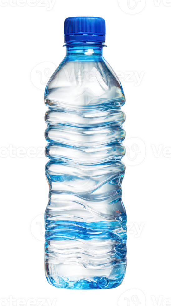 Clear plastic water bottle with blue cap transparent empty isolated on transparency background hydration recyclable lightweight crinkled single use refreshing design png