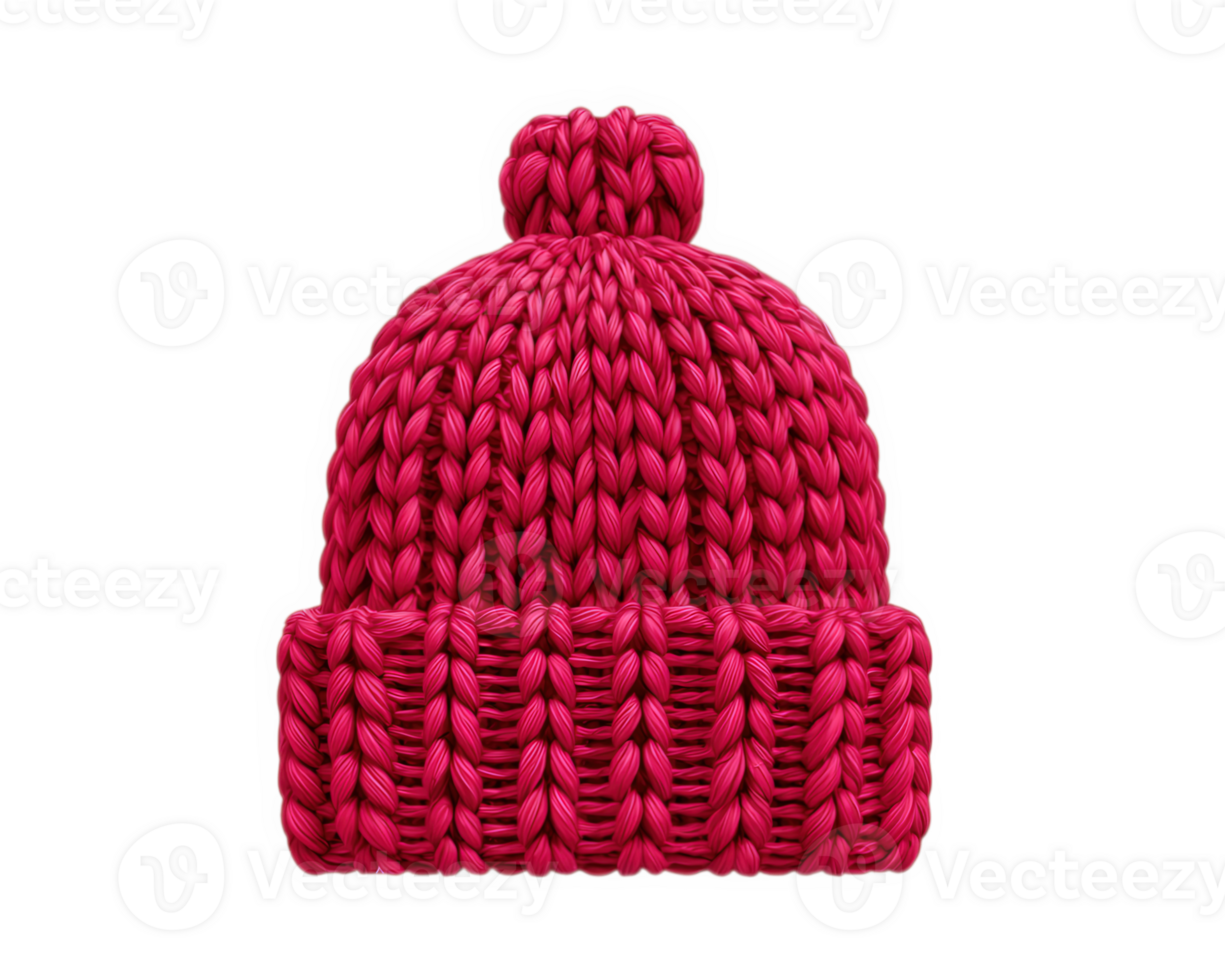 Red woolen hat with pompom, knitted texture, cozy winter accessory, isolated on transparency background, suitable for cold weather and fashion styling png