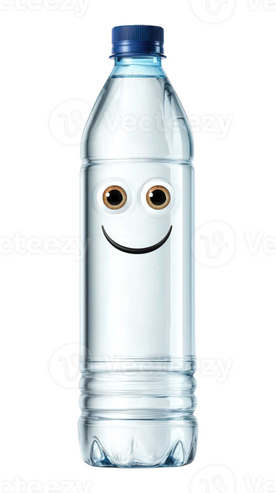 Cartoon water bottle character with smiling face, clear plastic, blue cap, isolated on transparency background, cheerful and playful design for hydration concept png