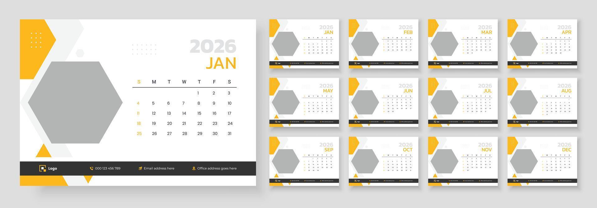 New year 2026 desk calendar, Desk calendar design template 2026, Week start on Sunday. vector