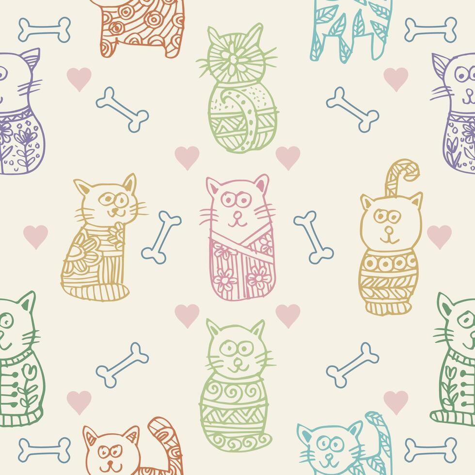 Seamless pattern with cute cats, hearts and bones. vector