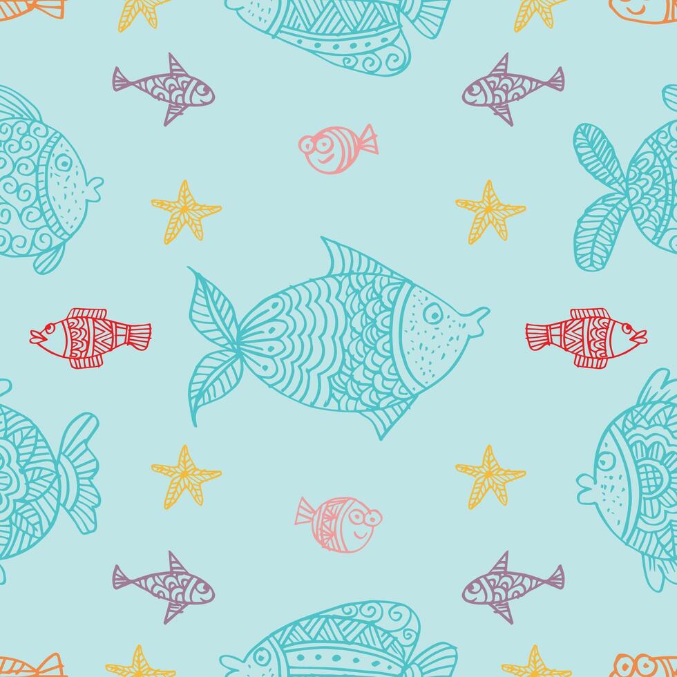 Seamless pattern with doodle fish and starfishes. vector