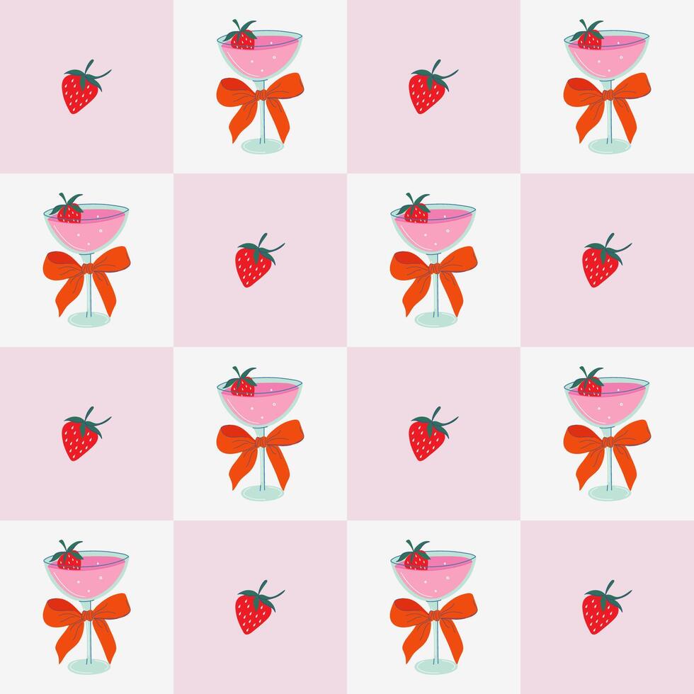 Strawberry cocktail seamless pattern. Geometric retro background with glass of refreshing drink and bow. Cute print with refreshing Summer lemonade. Flat design hand drawn illustration. vector