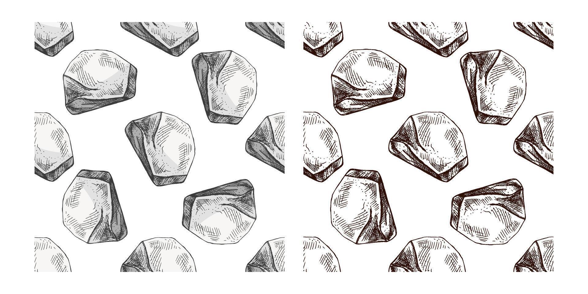 Hand drawn seamless pattern of decorative stones in grey and monochrome version, isolated illustration vector