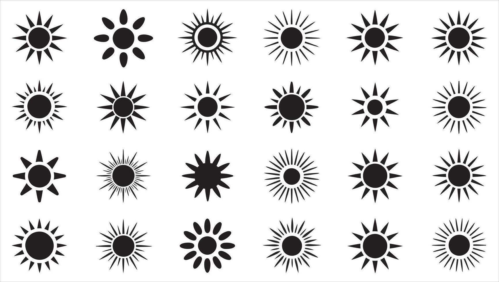Stylish sun icon set in monochrome with bold center and assorted ray patterns vector