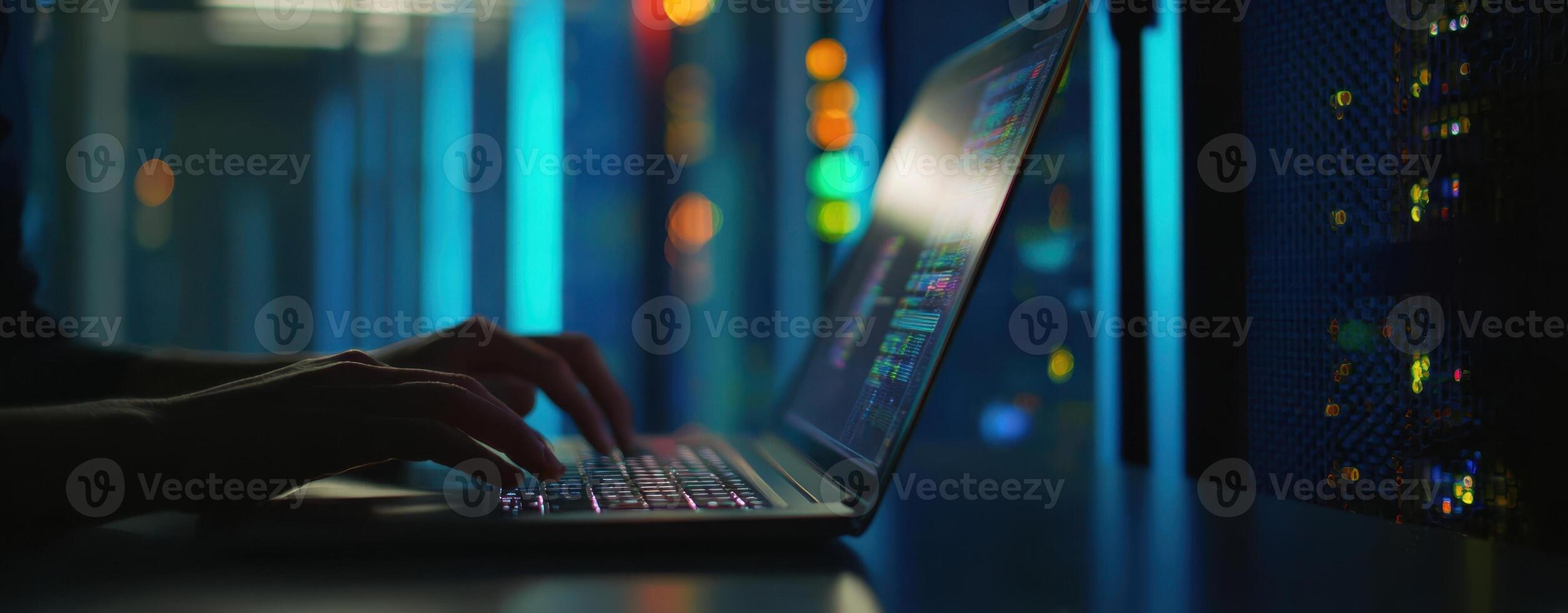 The person using a laptop in a modern server room illuminated by colorful lights. photo