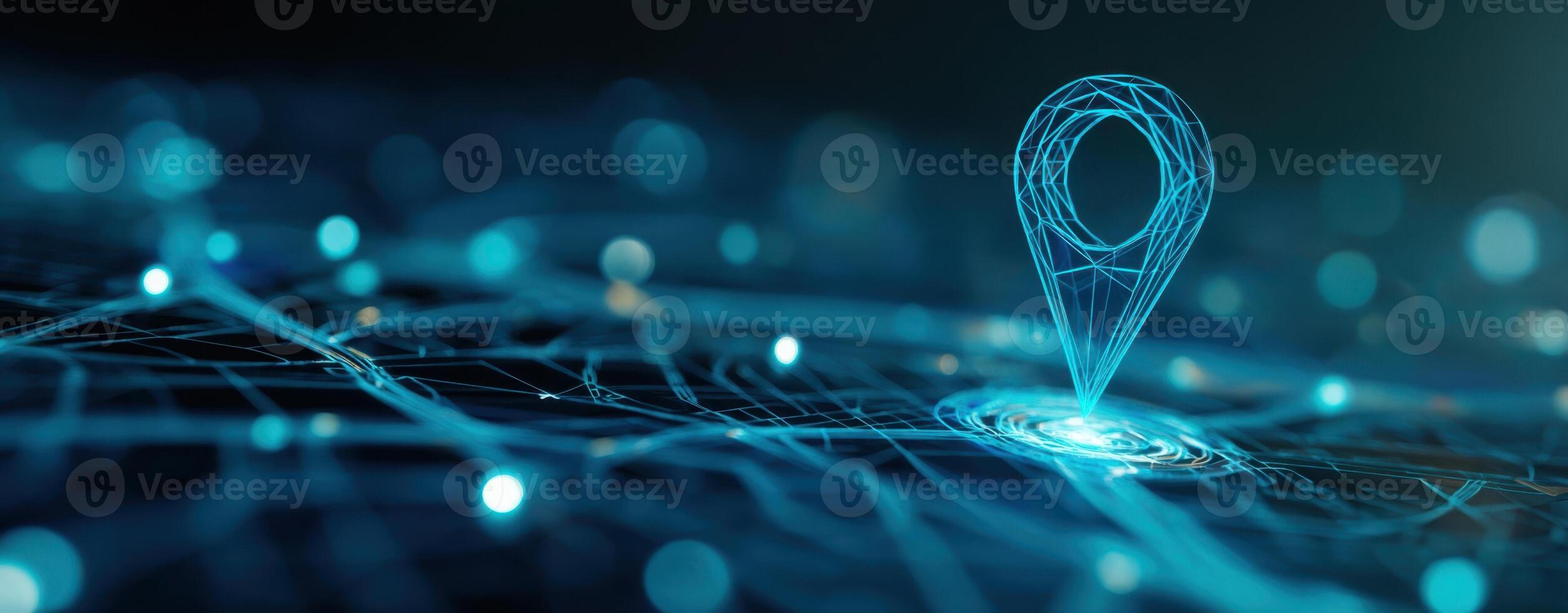 The futuristic digital location marker on a connected network background. photo