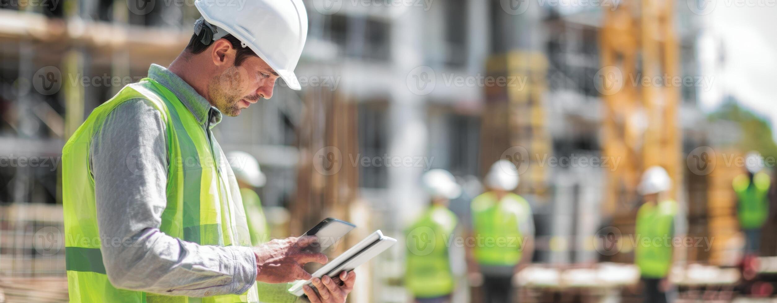 The construction worker using a tablet on a busy site for project management. photo