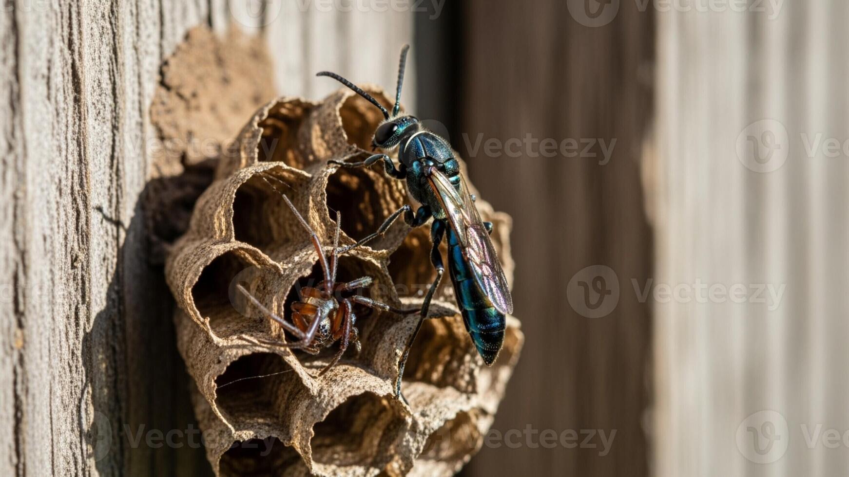 A wasp and a hornet are sitting on a nest photo
