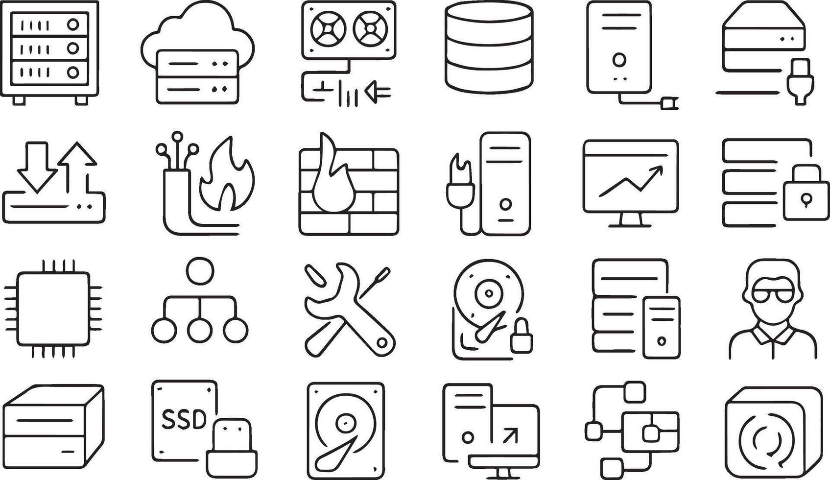 conjunto de base de datos iconos, incluso un computadora, un servidor, y un computadora monitor vector