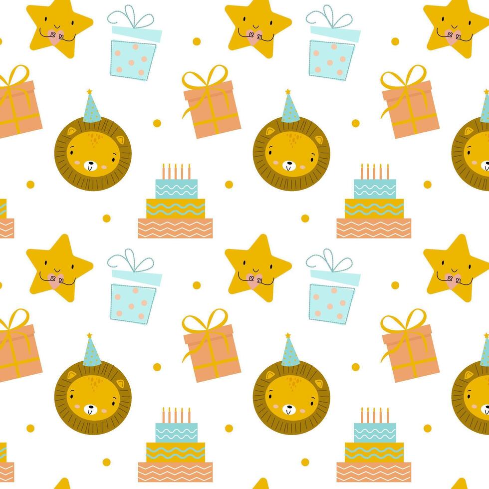 playful lion and star birthday pattern vector