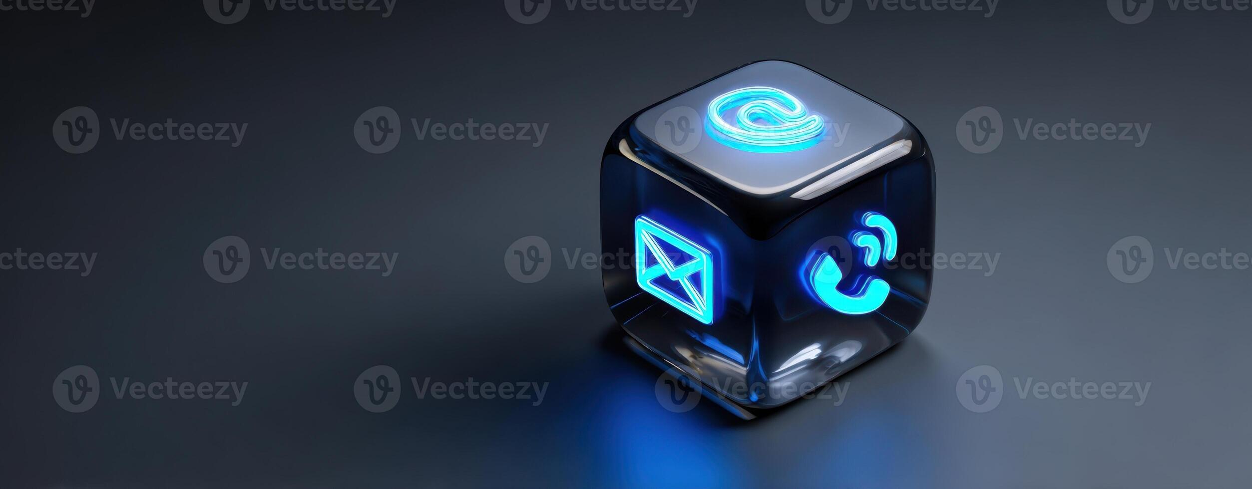 The illuminated communication icons represented on a transparent digital cube. photo