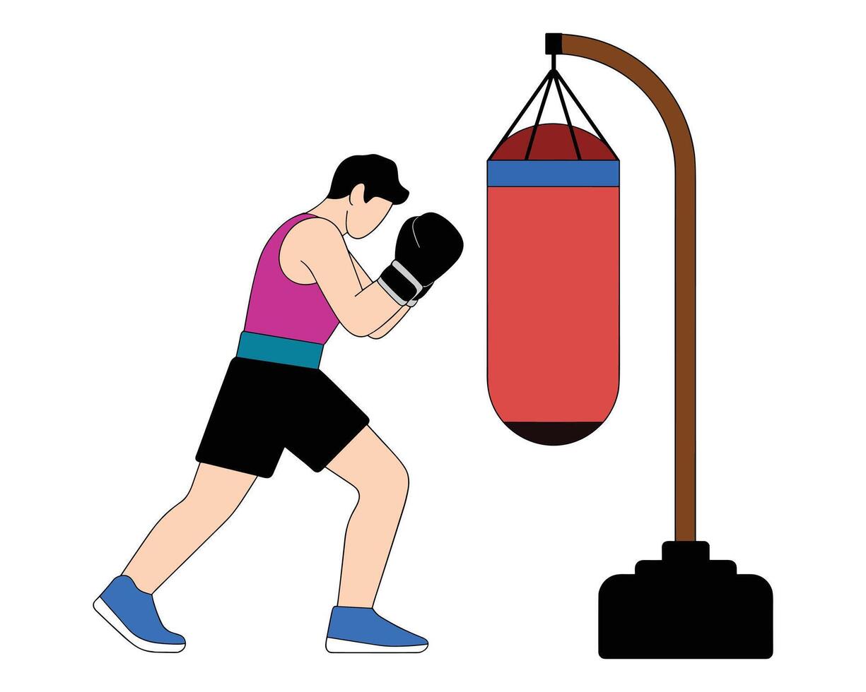 Boxer training with a hanging punching bag boxing workout vector